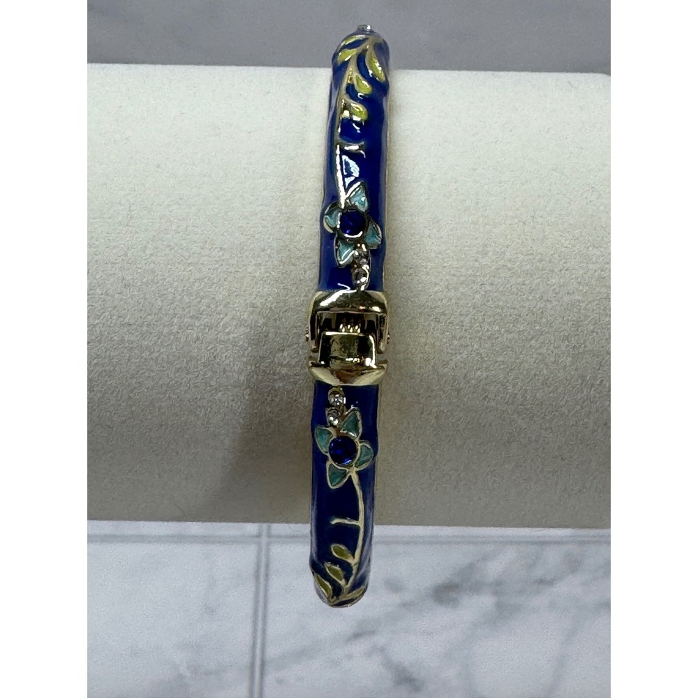 Floral Blue Enamel Gold Tone Hinged Bangle Bracelet Crystal Accents New
